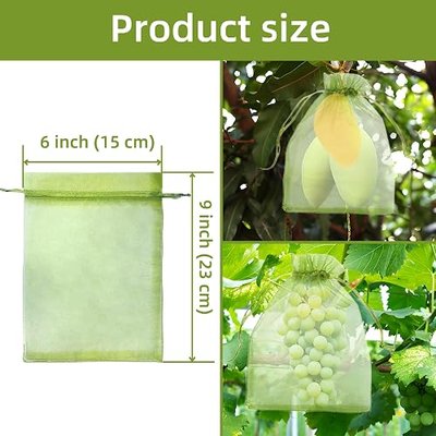 100pcs Fruit Protection Bags 6x9 inch, Green Netting Cover Fruit Mesh Drawstring Bags Protectors Pest Barrier for Fruit Tree, Tomato, Blueberry, Small Fruit Veggies Garden (100pc, 6x9 inch)