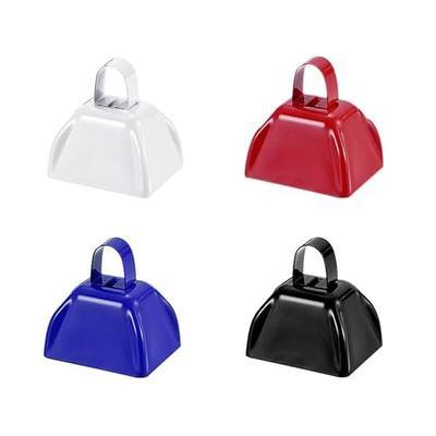 3Inch Cowbells Set for Sporting Events, 4Pcs Small Cow Bells Loud Noise Makers with Handle for Cheering Football Games Marathon Weddings Party Noisemakers, White & Red & Blue & Black