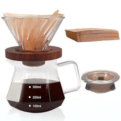 Pour Over Coffee Maker 400ml Borosilicate Glass Drip | Coffeemaker Server Set with 50pcs V60 Cone Paper Filters Walnut Collar Glass Lid Clear Hand Brew Dripper Carafe 13.5oz