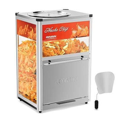 ROVSUN Nacho Machine Food Warmer, Nacho Chip Warmer Countertop Display Case with Warming Light, Removable Deflection, Glass Door, Scoop for Nacho Chips Peanuts Popcorn Stainless Steel