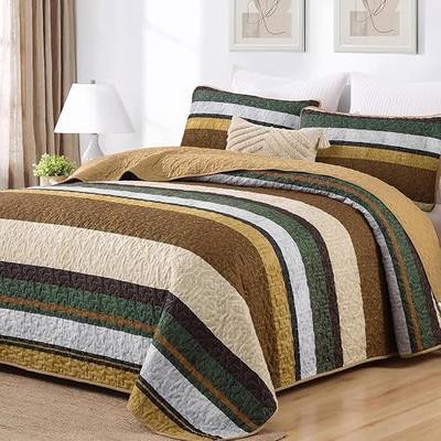 Dobuyly Brown Quilt King Size Set, Boho Fall Bedspread, Striped Bedding Sets 3 Pieces, Lightweight Soft Coverlet Bed Sets with 2 Pillow Shams 110"x90"
