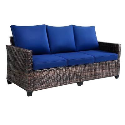3-Seat Outdoor Sofa, PE Rattan, Blue | High Back Support Patio Sofa,Deep Seat Comfort,All-Weather Cushions,For Patio/Garden/Deck,Modern Style