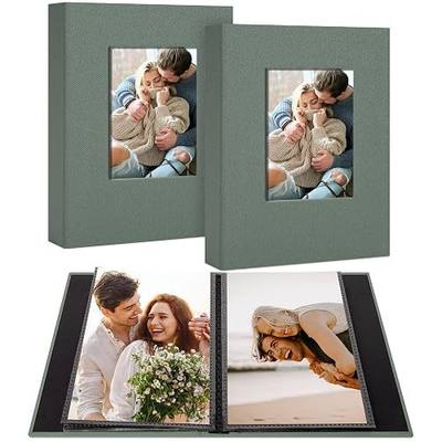 2 Pack Photo Album Holds 48 Pockets with Linen Cover and Customizable Window, Fits 4x6 Photos, Archival Black Pages, Gray Green