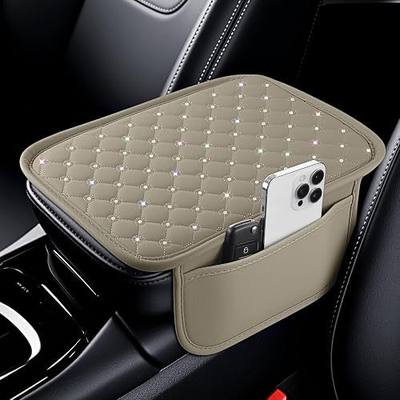 Bling Center Console Arm Rest Cover for Car, Middle Console Armrest Storage Box Cover, Interior Bling Car Accessories for Women and Man Gifts Interior Sets (Beige)