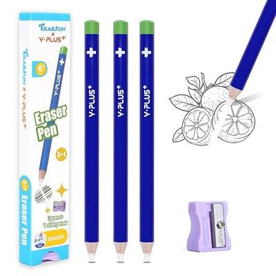 Eraser Pen with Sharpener, Fine Detail Erasing, Blue, 3 Pcs | Pen-style sharpenable erasers for kids, artists and adults, school and art use, back to school supplies