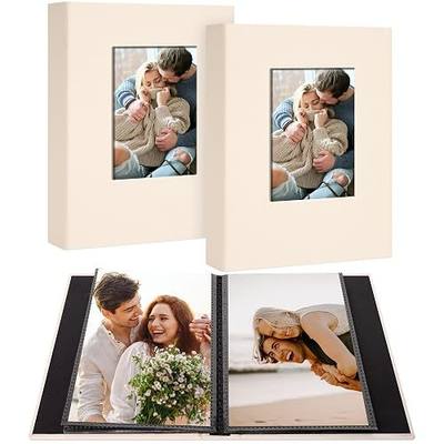 2 Pack Photo Album Holds 24 Pockets with Linen Cover and Customizable Window, Fits 4x6 Photos, Archival Black Pages, Beige