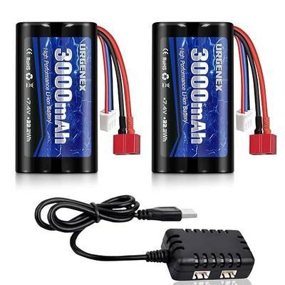 Li-ion Battery 7.4V 3000mAh High Capacity with Dean-Style T Plug 2S Rechargeable RC Battery Fit for WLtoys 4WD High Speed RC Cars and Most 1/10, 1/12, 1/16 Scale RC Cars Trucks with Charger