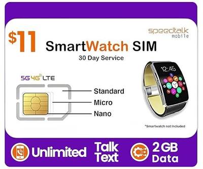 SpeedTalk Mobile Smartwatch SIM Card Kit – 5G 4G LTE Wearables | Unlimited Talk and Text 2GB Data | 3-in-1 Triple-Cut SIM | Prepaid Plan | Smartwatch & Wearable Wireless Service