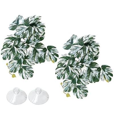 VCEPJH Reptile Plants with Suction Cup Amphibian Habitat Decor 2 Pcs Artificial Leaves for Terrarium Decor Crested Gecko Tank Accessories for Bearded Dragon, Lizard, Snake (White and Green Monstera)