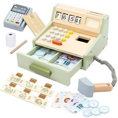 Wooden Toy Cash Register for Kids, Pretend Play Shop with Money Scanner and Credit Card, Montessori Toddler Grocery Cashier Role Play Educational Toy Preschool Learning Gift for Boys Girls Ages 3+