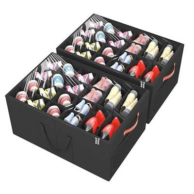 Aokeyee 2 Pack Shoe Organizer for Closet, Large Shoe Storage Box Fits up to 48 Pairs, Space Saving Foldable Shoes Organizer Bin w/Clear Cover and 4 Reinforced Handles, Black