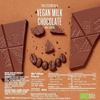 VGAN Vegan Chocolate Bars, Gluten Free Snacks, Plant Based, Soy and Dairy Free, Organic Ingredients, Cruelty Free, Kosher, and Non GMO, Milk Chocolate with Coffee Beans, 6 Pack