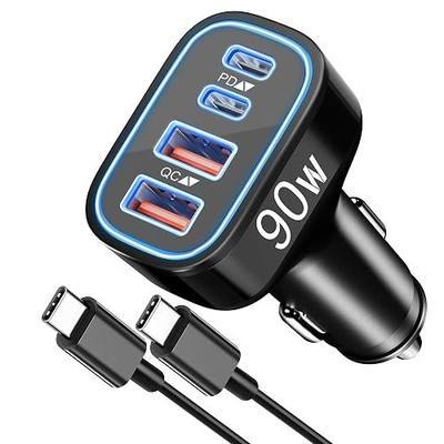 90W 4-Port USB C Super Fast Car Charger for Samsung Galaxy S26/S25/S24/S23 | iPhone 17/16/15, Android, Type C Fast Charging Car Phone Charger Accessories Cigarette Lighter Adapter, with 3FT USB-C Cable
