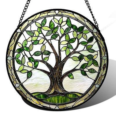 Stained Glass Window Hanging - Brown Tree Trunk Green Leaves Sun Catcher for Door Garden Home Decor Plant Suncatcher Christmas Mother's Day Birthday Gifts for Women Men Mom Nana 6.3 in