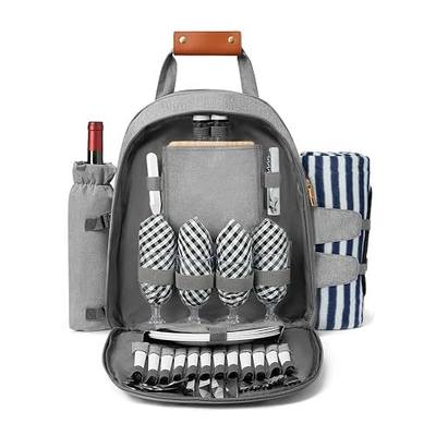Picnic Backpack Bag for 4 Person with Cooler Compartment and Wine Holder,Fleece Blanket,Cutlery Set,for Camping,Beach,Day Travel,Hiking,BBQ and Family/Couples Gifts,Accessories,Supplies(Light Gray)