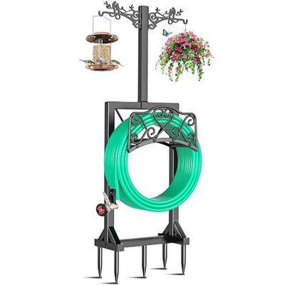 Garden Hose Holder, Freedstanding Heavy Duty Garden Water Hose Holder Stand with 2 Shepherds Hooks, Detachable Metal Hose Storage Hanger Rack for Outside Yard Lawn Farm