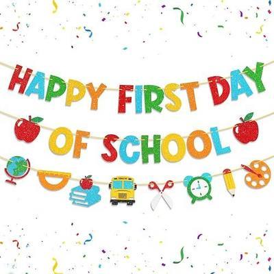 Shzbtdo Pre-Strung Happy First Day of School Banner, Glitter First Day of Kindergarten Decorations for Classroom, Back to School Decorations PreK 1st Grade Students