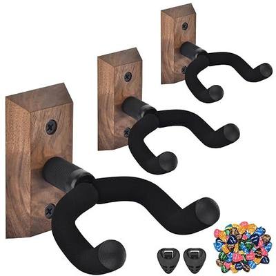 Guitar Wall Mount 3 Pack with Guitar Picks, Black Walnut Wood Guitar Hanger, Rotatable U-Shaped Guitar Wall Hanger, Guitar Hook for Acoustic Guitar, Electric Guitar, Bass, Black