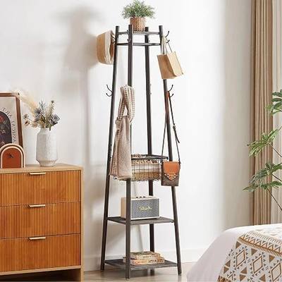 VECELO Coat Rack Freestanding,Hall Tree with Metal Basket and Storage Shelves,Industrial Coat Rack Stand with 8 Hooks for Hanging Coats/Hats/Bags/Umbrellas,18 x 18 x 72 In,Antique Brown