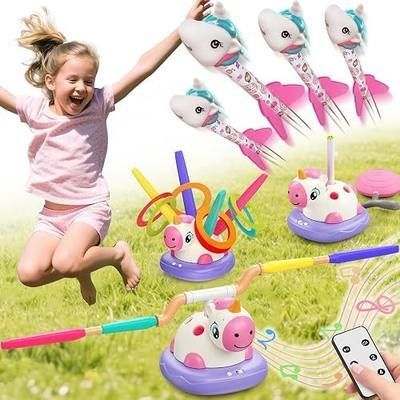 3 in 1 Unicorn Rocket Launcher, Outdoor Indoor Play Set for Kids Ages 3-8 | Foam Rocket Launcher, Ring Toss & Jump Bar Girls Unicorn Toy, Encourage Active Play & Coordination, STEM Birthday Gift for 3+