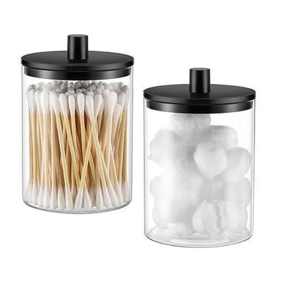 TIPGO Glass Qtip Holder Dispenser - 10 oz Clear Canister Apothecary Jar, Bathroom Vanity Storage Organizer Set for Cotton Swabs, Pads, Floss Picks, Small Containers for Makeup Storage (2 Pack, Black)
