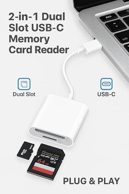 2-in-1 USB-C SD & MicroSD Card Reader for iPhone 17/16/15, iPad, MacBook Pro/Air, Android & PC — Plug & Play Adapter Supports SD/TF Cards up to 512 GB | Fast 16 MB/s Transfer Speed | White