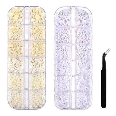 2 Boxes Pearl Nail Charms 3D Nail Art Charm Flatback Half Round Pearls gems White Beige Mix Nail Pearls for Crafting Nail Art DIY Design Decoration US288 (White+Beige)