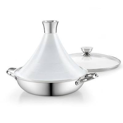 DM Multi-Ply Clad Stainless Steel Tagine Pot, 11 Inch 3.6 Quart Moroccan Clay Tagine Pot Alternative, Traditional Cooking Pot with Die-Cast Aluminum White Conical Lid and Stainless Steel Knob