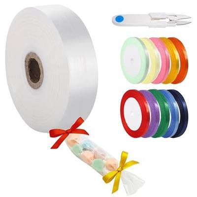 Poly Tubing Candy Lei Tubing Kit - 2 in Wide PE Plastic Poly Tubing Roll, 984 ft Clear Poly Bag Film with 10 Ribbon Rolls and Scissors, for Food Packaging, Electronic Parts, Accessories