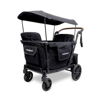 WonderFold L4 Collapsible Stroller Wagon with Aluminum Frame - Adjustable Canopy & Push Handle - All-Terrain Wheels - Built-in Storage - for Babies, Toddlers & Kids - 4 Seater - Black