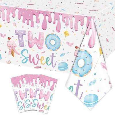 Rejoice Bunny 3 Pack Two Sweet Donut Birthday Party Tablecloths Decorations Girls for Children 2nd Birthday Supplies Table Decor 54 x 108 Inch