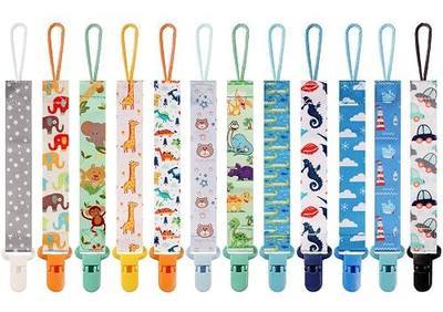 12 Pack Pacifier Clips with Adjustable Strap (32-46.5cm)/Short Strap(25.5cm) - Premium Polyester Baby Pacifier Holder Set, Multi-Design Clips for Boys Girls (Multicolor C 25.5cm)