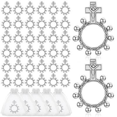 80 Set Finger Rosary Rings Bulk Silver Metal Rosary Rings Pocket Finger Rosaries Small Pocket Cross Prayer Catholic Rin-gs with Organza Bags for Baptism Favors Baby Shower Quinceanera Funeral