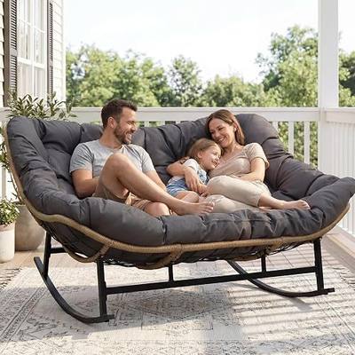 NICESOUL Double Wide Rocking Papasan Chair Outdoor Indoor for 2, PE Wicker Patio Rocking Chair with Cushion and Frame, Heavy Duty Big Comfy Lounge Chair for Porch, Balcony & Living Room, Grey
