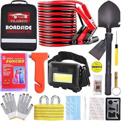 Car Roadside Emergency Kit, with Jumper Cables Headlamp Car Safety Kits | Car Emergency Kit with Tow Rope Folding Shovel, Safety Hammer Etc. Emergency Roadside Kit for Car Gifts for New Drivers