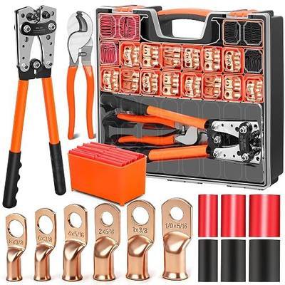 Kuject Battery Cable Crimping Tools with 1/0 1 2 4 6 8 AWG Copper Lugs 110pcs,Comes with 3:1 Heat Shrink Tubing 110pcs, Cable Cutter, Study Storage Case with Divider Boxes