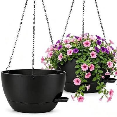 12" Self Watering Hanging Planters with Chains, Black, 2 Pack | 43 Oz removable self-watering reservoir, for indoor/outdoor plants, patio & garden