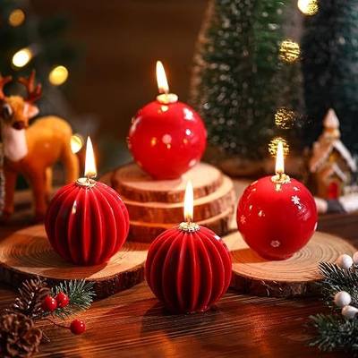 Treela 4 Pcs Christmas Ball Candles 3 Inch Snowflake and Lantern Unscented Round Ball Candle Gift for Xmas Winter Holiday Decoration Kitchen New Year Party Table Centerpieces(Red)