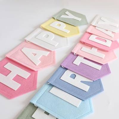 Happy Birthday Banner Felt Pastel Birthday Decorations Sign Pastel Rainbow Party Garland First Girl Pennant Banner