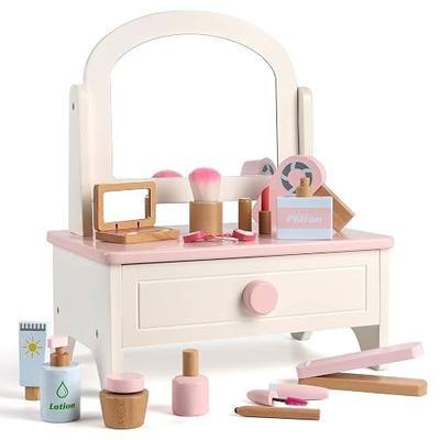 Wooden Makeup Toy Set for Girls Ages 3-6 | Toddler Vanity Set with 14 Safe Accessories | Pretend Makeup & Beauty Salon Play | Kids Dress Up Tabletop Toy for Bedroom & Playroom