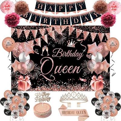Happy Birthday Decorations for Women Girls | Black Rose Gold Birthday Party Decor Include Sash and Crown, Balloons, Banner, Backdrop, Cake Topper & 6pcs Paper Pom Poms