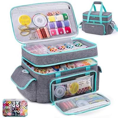 AMOIGEE Large 15" Double-Layer Sewing Storage Bag with Detachable Diviers – Large Sewing Organizer with Shoulder Strap, Elastic Loops for Sewing Supplies, Tools & Accessories