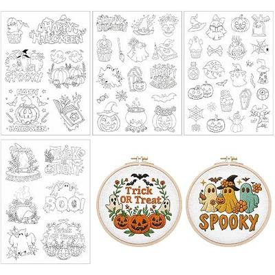 Rngmsi Water Soluble Embroidery Patterns - 4 Sheets Halloween Stick and Stitch Embroidery Designs, Spooky Pumpkin Ghost Skull Bat Theme Wash Away Transfer Paper Stabilizers for Hand Sewing