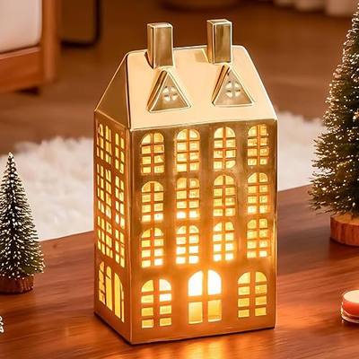 DN DECONATION Christmas Village House Decorations Lighted, House Decor | Gold Ceramic, Christmas Town Building Figurines with Lights, Home Decor Winter Decor for Table Centerpiece Xmas Gifts