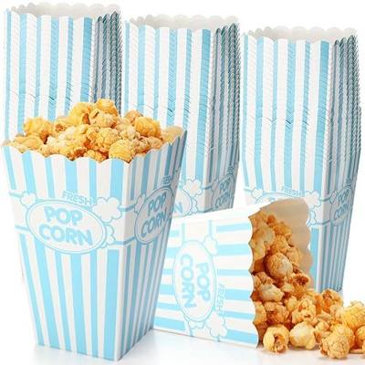 Xinnun 100 Pcs Popcorn Boxes 32oz Classic Stripe Paper Buckets Disposable Oil Proof Popcorn Container Retro Open Top Box for Movie Night Supplies Theaters Carnival Birthday Party(Light Blue and White)