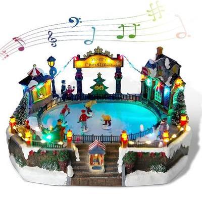 Christmas Village House Christmas Collectible Buildings Decor Estatua de la cabaña del Pueblo navideño Home Decoration Snow Globe Display Skating Pond AnimatedChristmas Theme Park with 8 Music X-Large