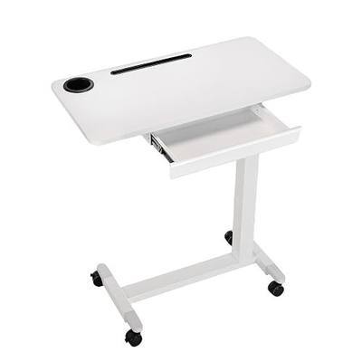 Adjustable Hospital Overbed Table with Drawer, Wheels, Cup Holder | Adjustable Height Rolling Laptop Over Bed Desk, Portable Medical Bedside Tray with Storage, Slot, Pneumatic Home Cart| White