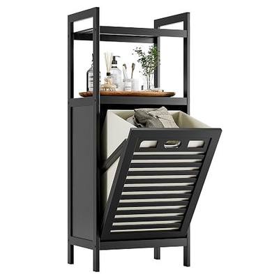 HITNET Tilt Out Laundry Hamper, Bamboo Bathroom Cabinet with Pull Out Removable Bag and 2 Tier Storage Shelves, 10 Gal Clothes Basket with Metal Handle, Black