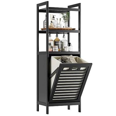 HITNET Tilt Out Laundry Hamper, Bamboo Bathroom Cabinet with Pull Out Removable Bag and 3 Tier Storage Shelves, 10 Gal Clothes Basket with Metal Handle, Black