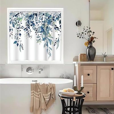 Blue Eucalyptus Shower Window Curtain for Bathroom 40x36 Inch | Waterproof Small Short Watercolor Bathroom Window Curtain with Hooks, Soft and Lightweight, Machine Washable